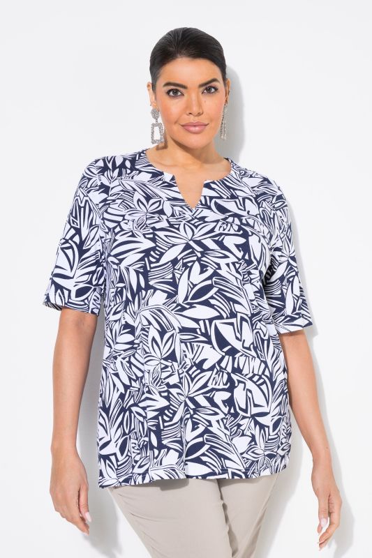 Abstract Foliage Short Sleeve Split Neck Tee
