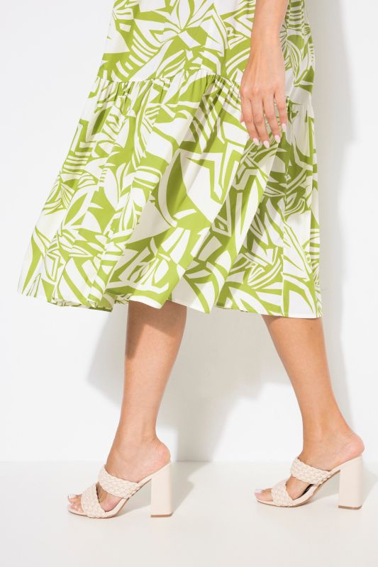 Abstract Foliage Flounce Panel Midi Dress