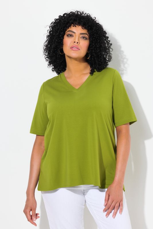 Poplin Back Short Sleeve V-Neck Tee