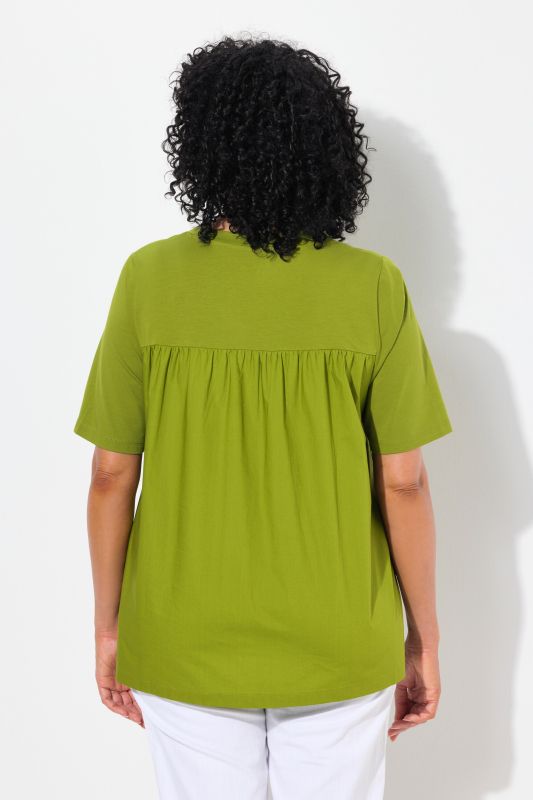 Poplin Back Short Sleeve V-Neck Tee