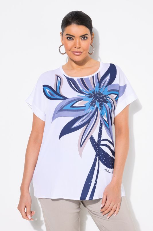 Rhinestone Studded Flower Motif Cap Sleeve Tee