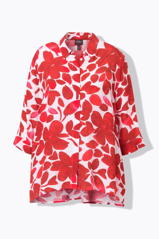 Petal Print Pointed Hem Button Down Blouse