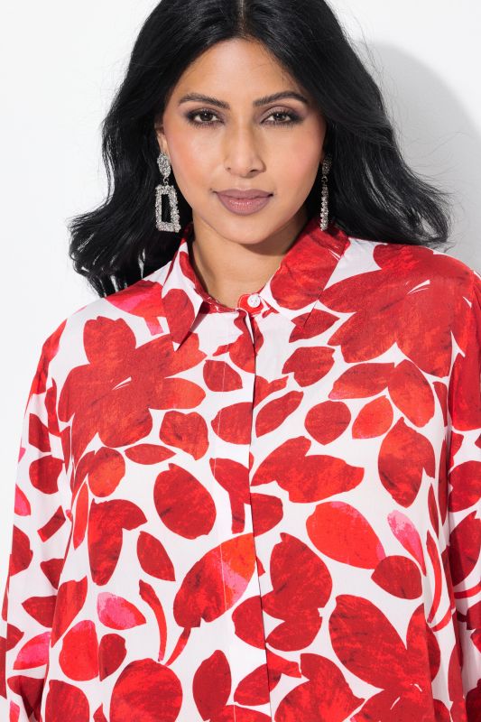 Petal Print Pointed Hem Button Down Blouse