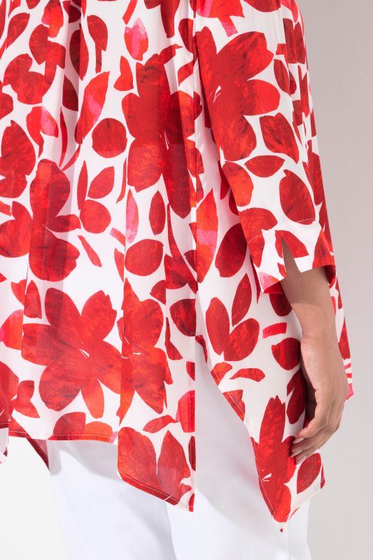 Petal Print Pointed Hem Button Down Blouse