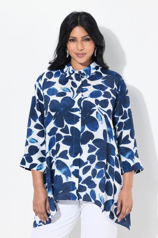 Petal Print Pointed Hem Button Down Blouse