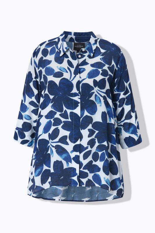 Petal Print Pointed Hem Button Down Blouse