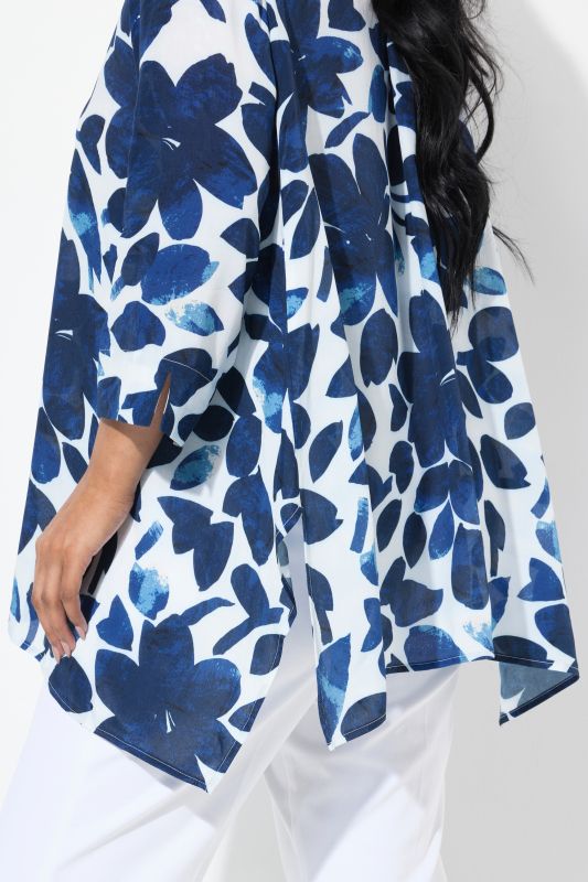 Petal Print Pointed Hem Button Down Blouse