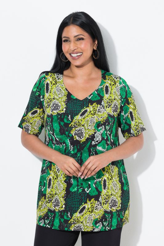 Snake Print Short Sleeve V-Neck Slinky Top