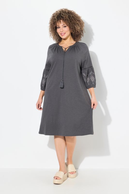 Embroidered Sleeve Split Neck Jersey Dress