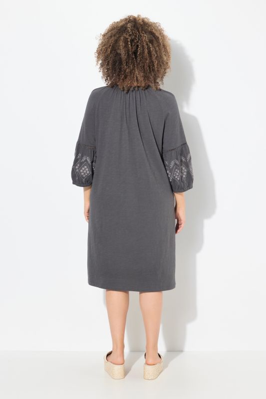 Embroidered Sleeve Split Neck Jersey Dress