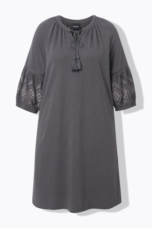 Embroidered Sleeve Split Neck Jersey Dress