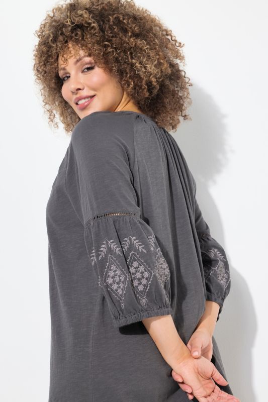 Embroidered Sleeve Split Neck Jersey Dress