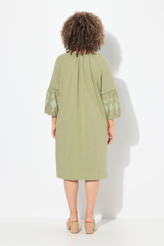 Embroidered Sleeve Split Neck Jersey Dress