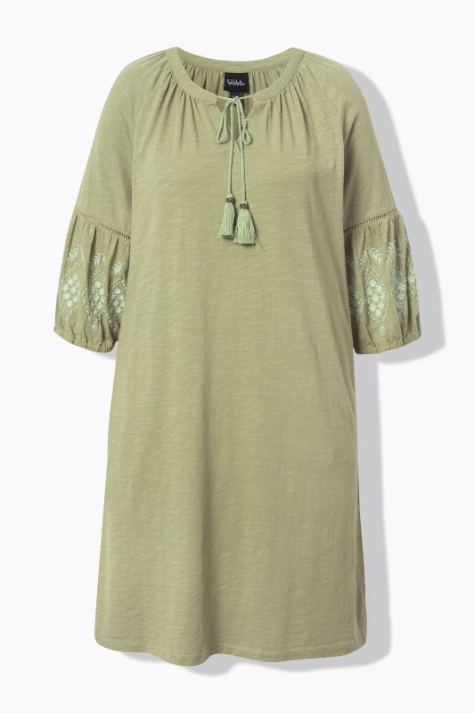 Embroidered Sleeve Split Neck Jersey Dress