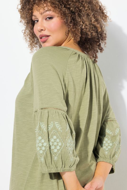 Embroidered Sleeve Split Neck Jersey Dress