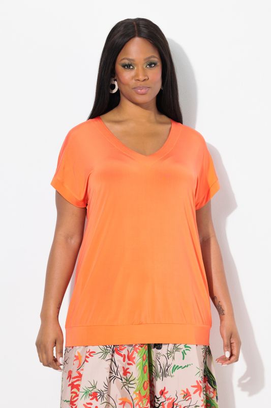 Elastic Hemline Short Sleeve Slinky Top
