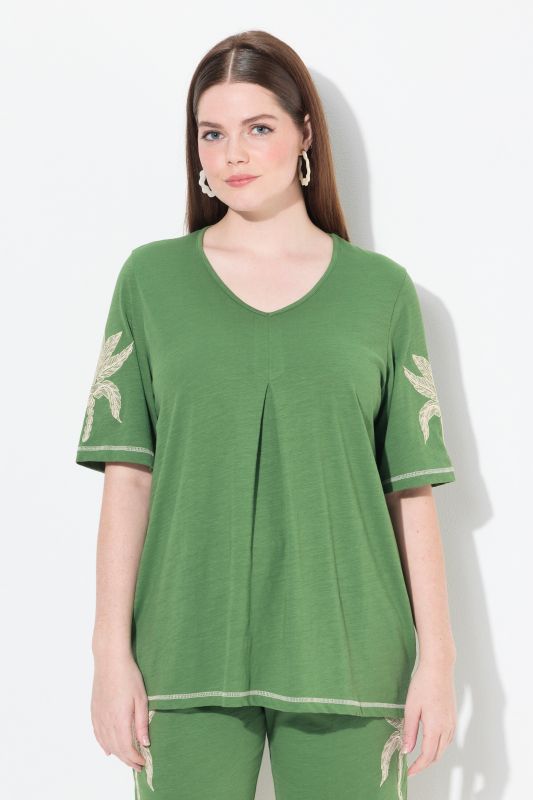 Eco Cotton Palm Motif Short Sleeve Pleated Tee