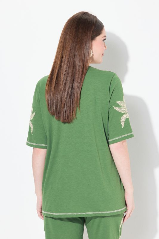 Eco Cotton Palm Motif Short Sleeve Pleated Tee