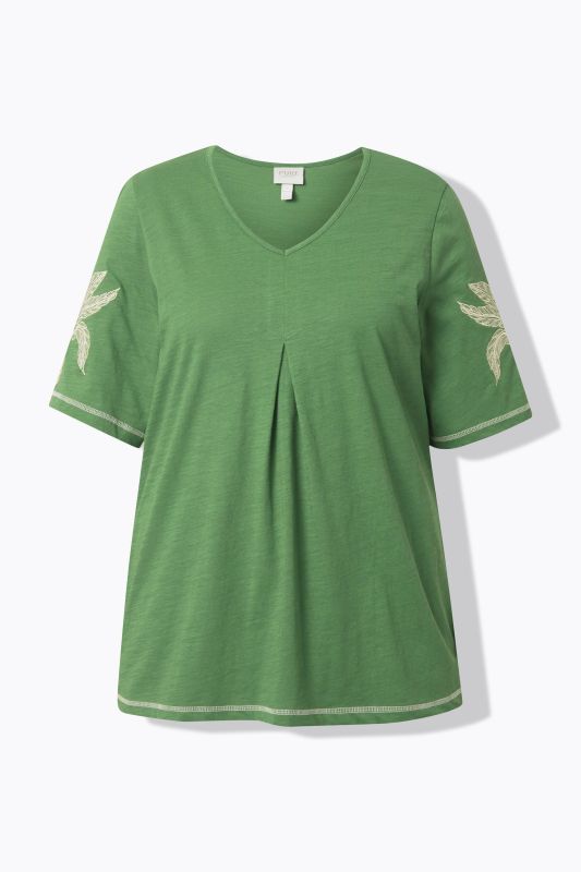 Eco Cotton Palm Motif Short Sleeve Pleated Tee