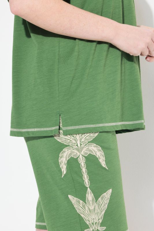 Eco Cotton Palm Motif Short Sleeve Pleated Tee