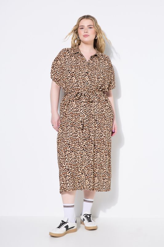Leopard Print Cap Sleeve Button Down Dress