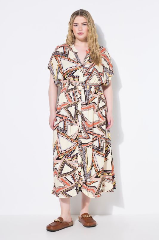 Abstract Print Cap Sleeve Button Down Dress