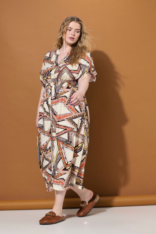 Abstract Print Cap Sleeve Button Down Dress