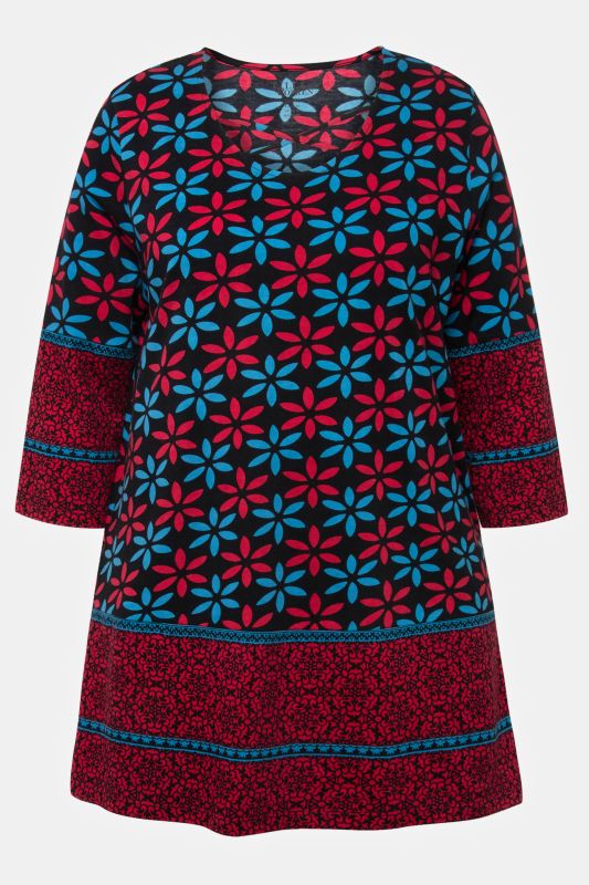Simple Floral Border Print Knit Cotton A-line Tunic