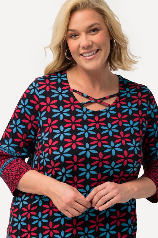 Simple Floral Border Print Knit Cotton A-line Tunic