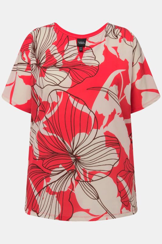 Flower Silhouette Short Sleeve Split Neck Tee