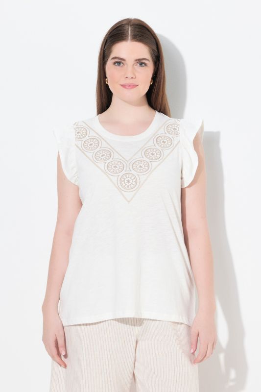 Eco Cotton Geometric Embroidered Cap Sleeve Tee