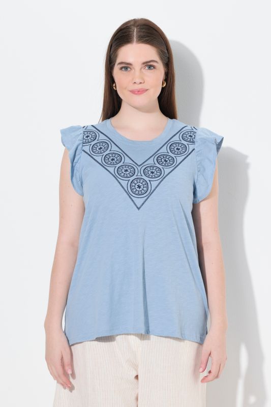 Eco Cotton Geometric Embroidered Cap Sleeve Tee