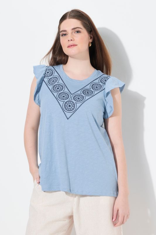 Eco Cotton Geometric Embroidered Cap Sleeve Tee
