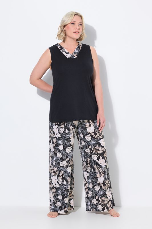 Tropical Leaf Print Two Piece Pajama Set