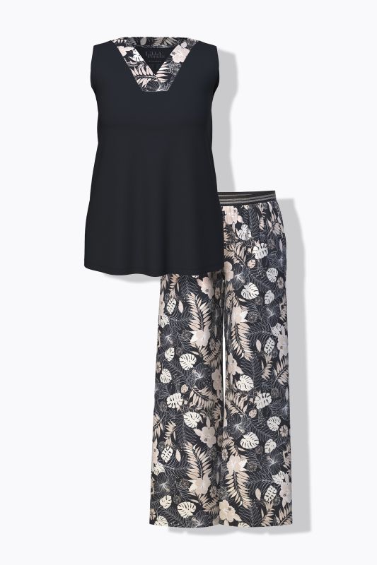 Tropical Leaf Print Two Piece Pajama Set