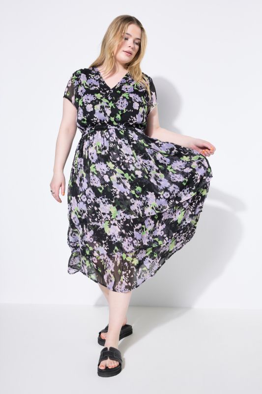 Floral Flounce Panel Layered Chiffon Dress