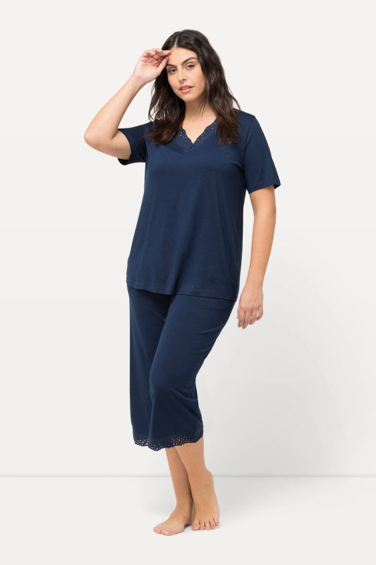 Eyelet Trim V-Neck Super Soft Cotton Blend Pajama Set
