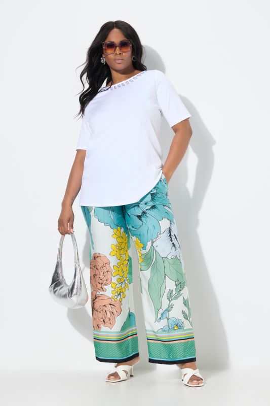 Floral Border Print Elastic Waist Pants