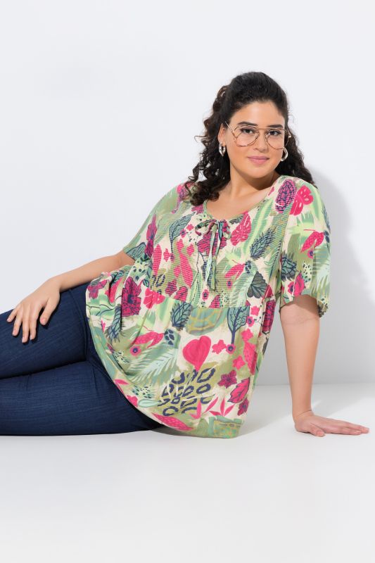 Smocked Leaf Print Short Sleeve Blouse