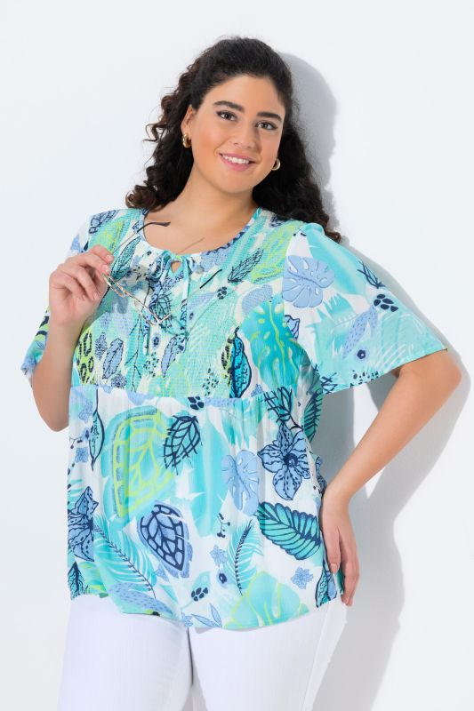 Smocked Leaf Print Short Sleeve Blouse