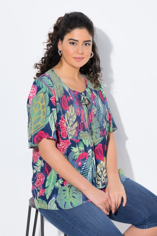 Smocked Leaf Print Short Sleeve Blouse