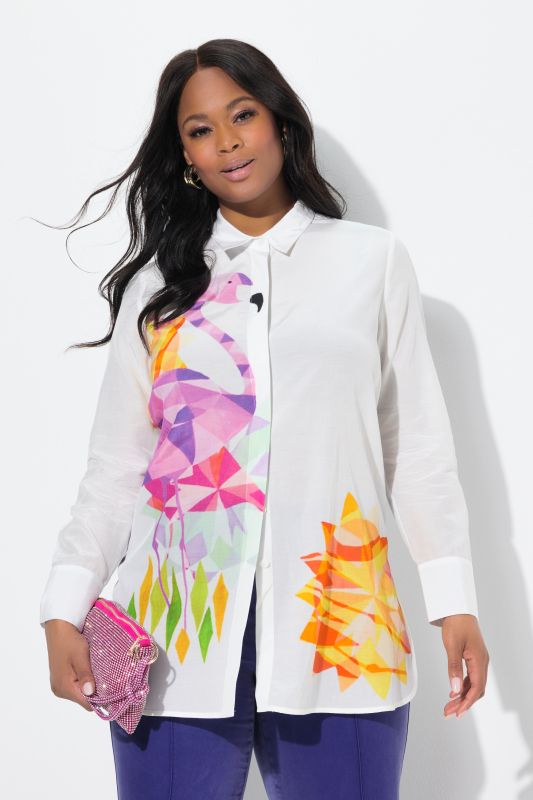 Flamingo Print Button Down Tunic Blouse