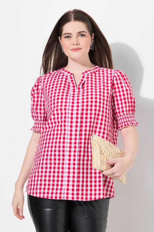 Puff Sleeve Split Neck Checked Blouse