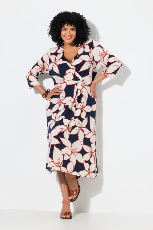 Flower Print 3/4 Sleeve Wrap Look Midi Dress