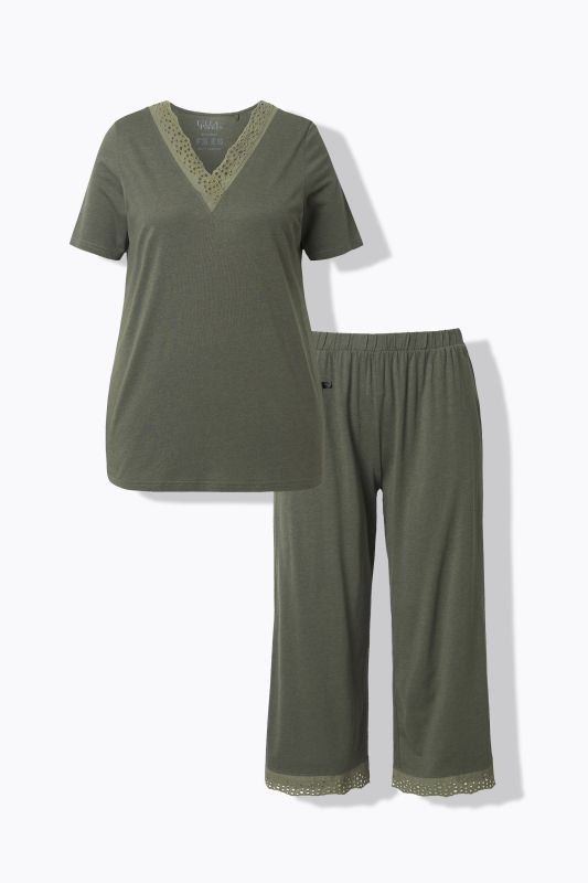 Eyelet Trim V-Neck Super Soft Cotton Blend Pajama Set