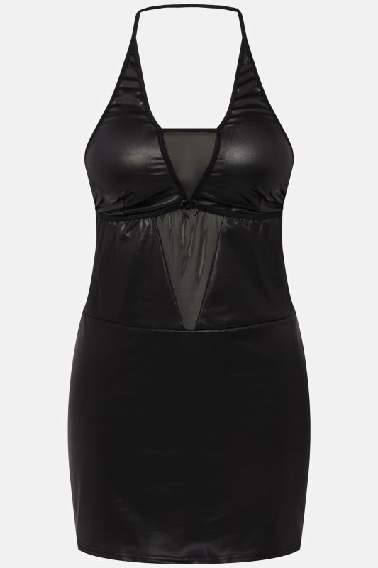 Sheer Panel Wet Look Negligee and Thong