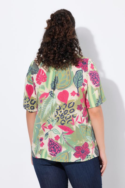 Smocked Leaf Print Short Sleeve Blouse