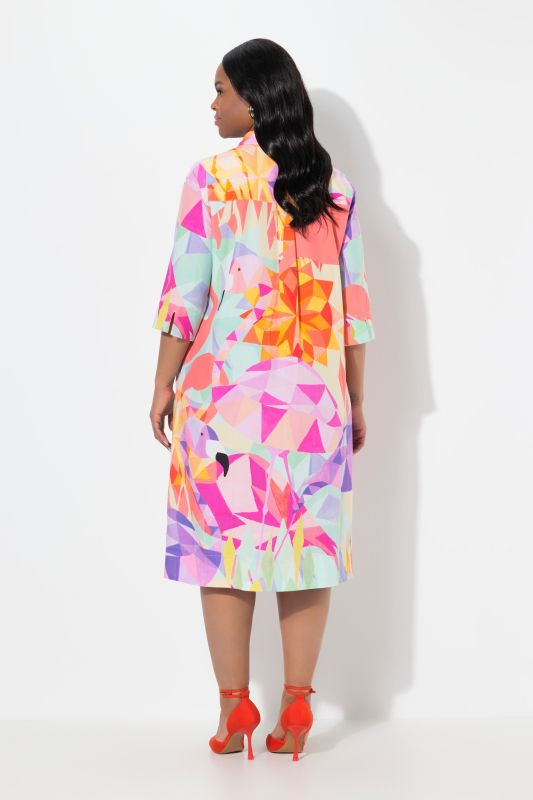 Flamingo Print 3/4 Sleeve Button Down Dress