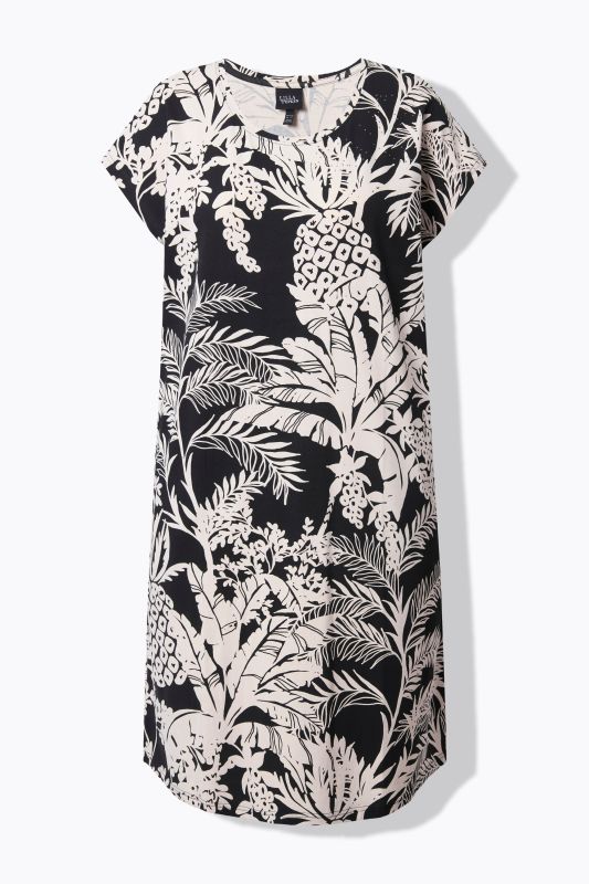 Tropical Foliage Print Cap Sleeve Dress