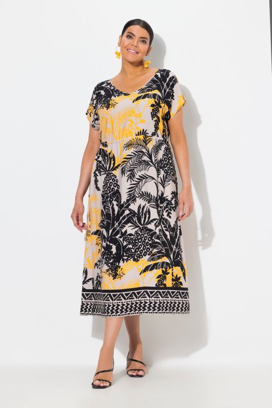 Tropical Foliage Print Cap Sleeve Dress